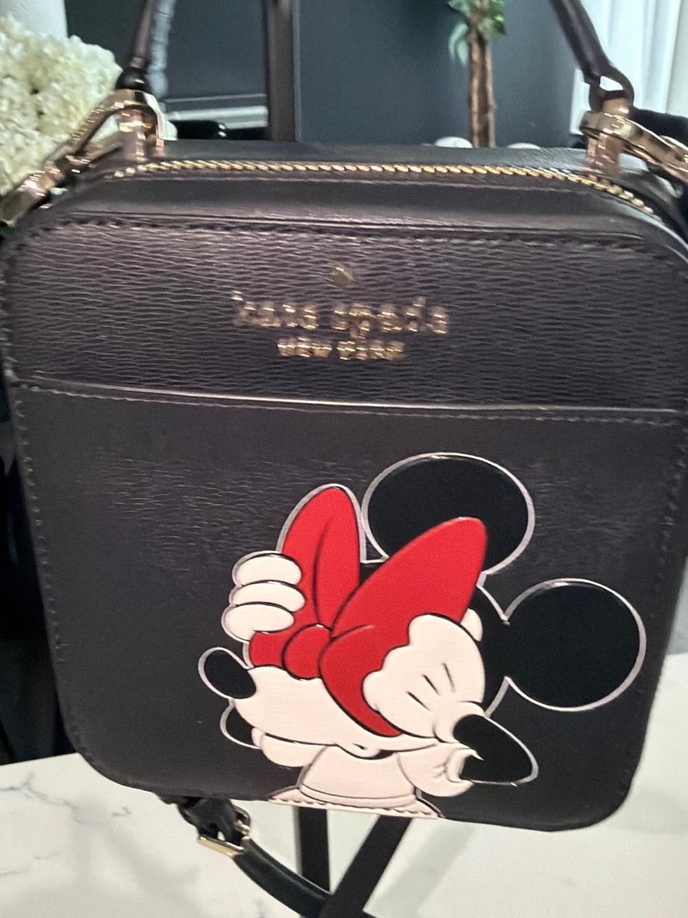 kate spade black crossbody bag with red bow graphic